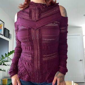 Maroon burgundy red Cinq a Sept cold shoulder longsleeve top